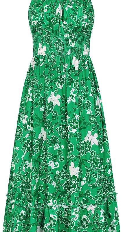 Summer Dresses for Women 2026 Vacation,Smocked Floral Maxi Dress,Boho Beach Sundress with Pocket Fashion Clothing - Green White