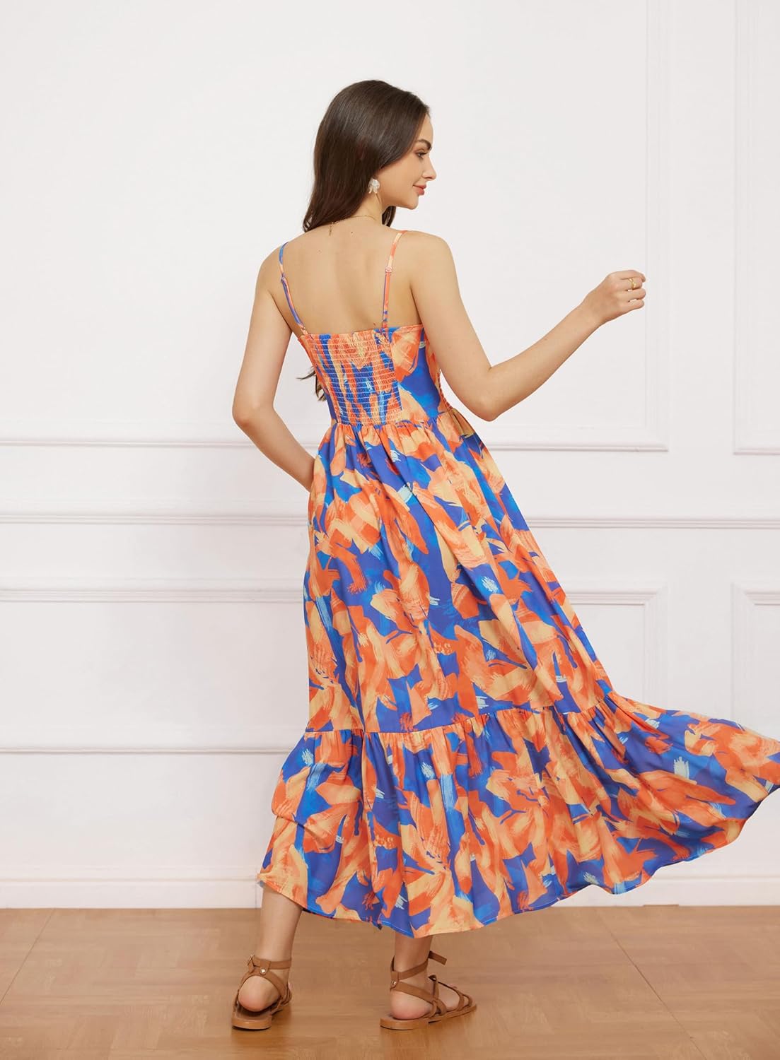 Womens Summer Floral Maxi Dresses 2026 Long Flowy Boho Dress Beach Vacation Sundresses Casual Clothes with Pocket - Orange Blue Floral - Image 4