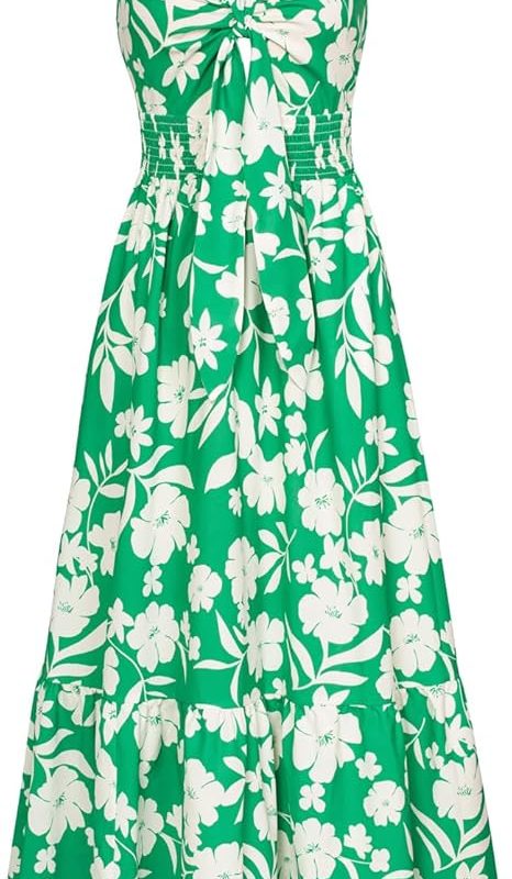 Womens Summer Floral Maxi Dresses 2026 Long Flowy Boho Dress Beach Vacation Sundresses Casual Clothes with Pocket - Green White Floral