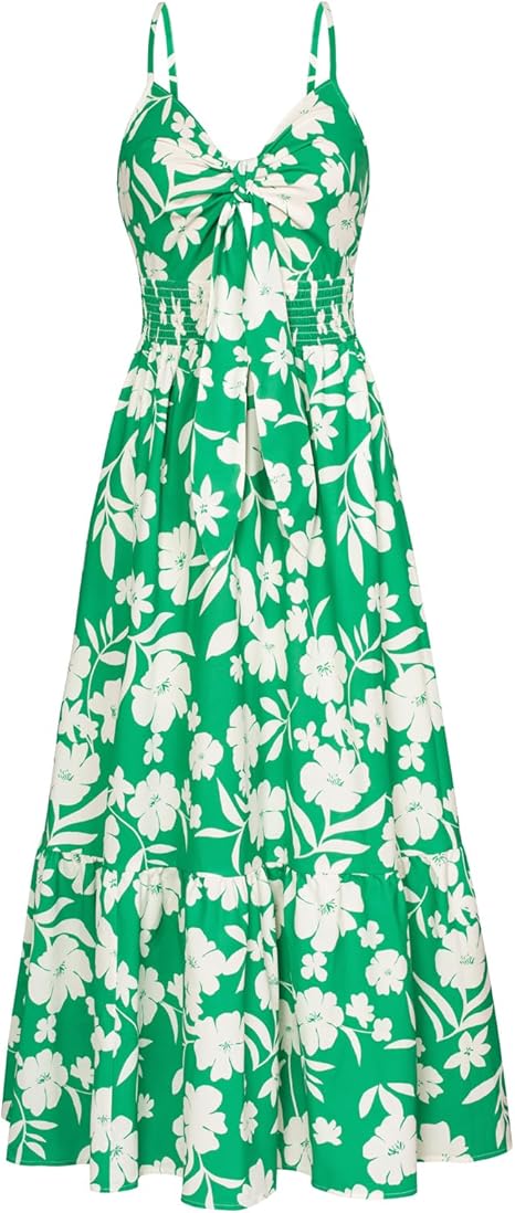Womens Summer Floral Maxi Dresses 2026 Long Flowy Boho Dress Beach Vacation Sundresses Casual Clothes with Pocket - Green White Floral
