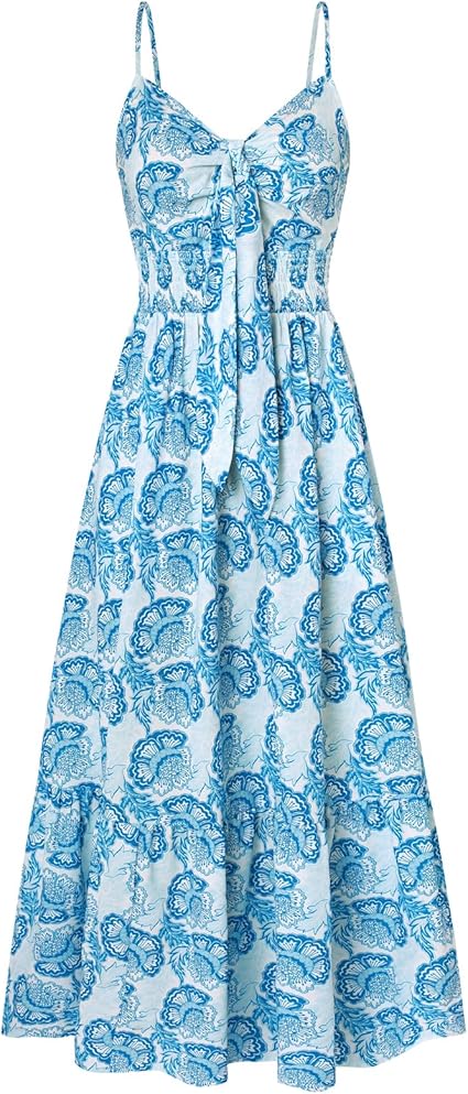 Womens Summer Floral Maxi Dresses 2026 Long Flowy Boho Dress Beach Vacation Sundresses Casual Clothes with Pocket - Blue White Floral