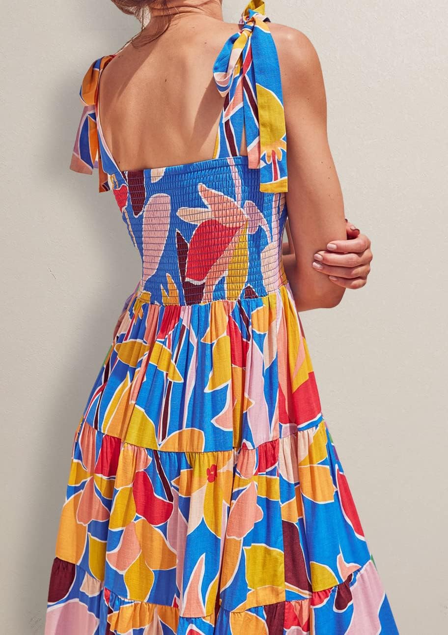 Women's Summer Casual Maxi Dress Spaghetti Strap Square Neck Boho Beach Long Sun Dresses - Blue Floral - Image 3