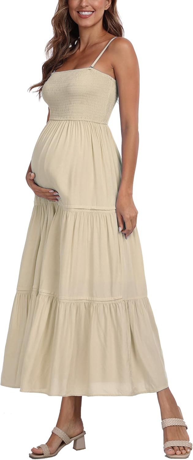 Summer Maxi Dress with Removed Strap, Stapless Bohemian Beach Long Photoshoot/Baby Shower Dresses - Apricot - Image 4