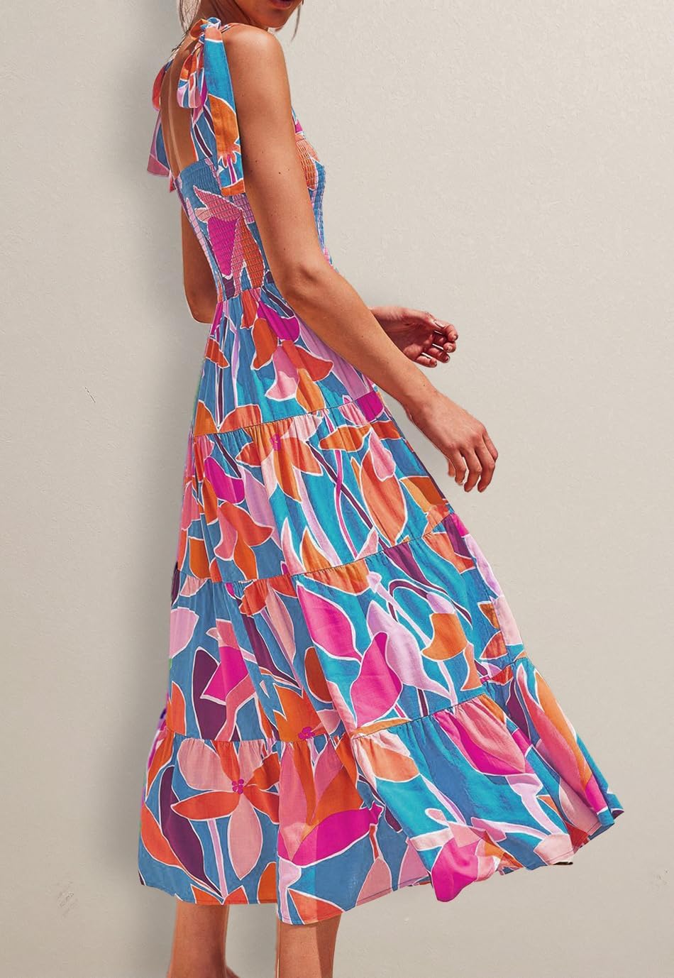 Women's Summer Casual Maxi Dress Spaghetti Strap Square Neck Boho Beach Long Sun Dresses - Red Floral - Image 6