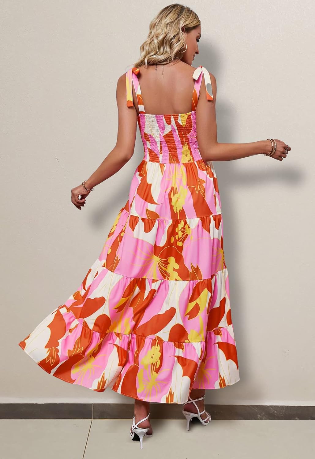 Women's Summer Casual Maxi Dress Spaghetti Strap Square Neck Boho Beach Long Sun Dresses - Orange Floral - Image 5