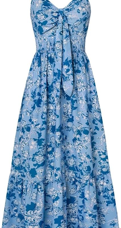 Womens Summer Floral Maxi Dresses 2026 Long Flowy Boho Dress Beach Vacation Sundresses Casual Clothes with Pocket - Blue White Vine