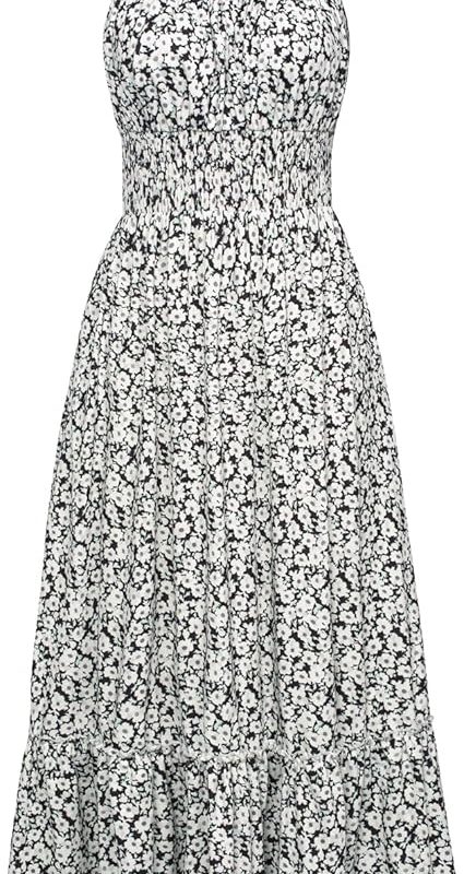 Summer Dresses for Women 2026 Vacation,Smocked Floral Maxi Dress,Boho Beach Sundress with Pocket Fashion Clothing - Black White Foral