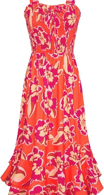 Women's 2026 Summer Floral Boho Dress Square Neck Strapped Swing A Line Sundress Beach Long Maxi Outfits - Purple Orange