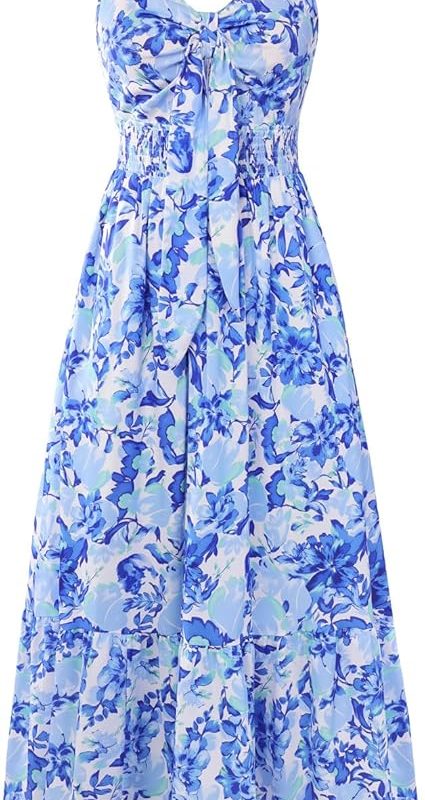 Womens Summer Floral Maxi Dresses 2026 Long Flowy Boho Dress Beach Vacation Sundresses Casual Clothes with Pocket - Blue Flower Vine