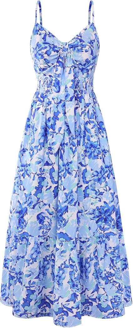 Womens Summer Floral Maxi Dresses 2026 Long Flowy Boho Dress Beach Vacation Sundresses Casual Clothes with Pocket - Blue Flower Vine