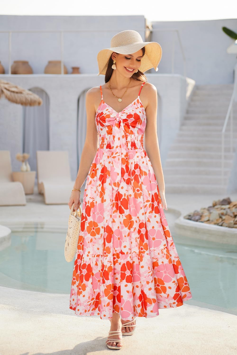 Womens Summer Floral Maxi Dresses 2026 Long Flowy Boho Dress Beach Vacation Sundresses Casual Clothes with Pocket - Orange Pink Floral - Image 4