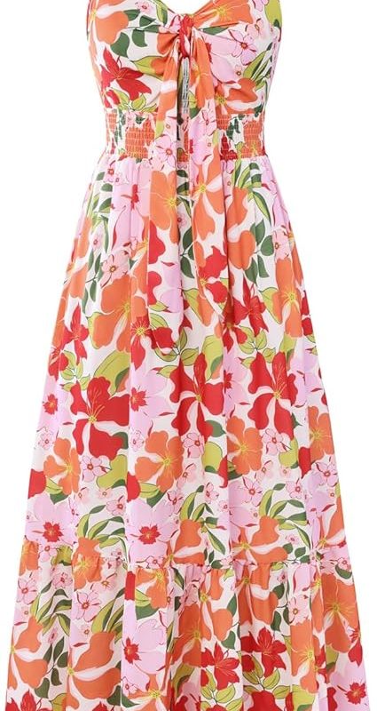 Womens Summer Floral Maxi Dresses 2026 Long Flowy Boho Dress Beach Vacation Sundresses Casual Clothes with Pocket - Red Pink Flower