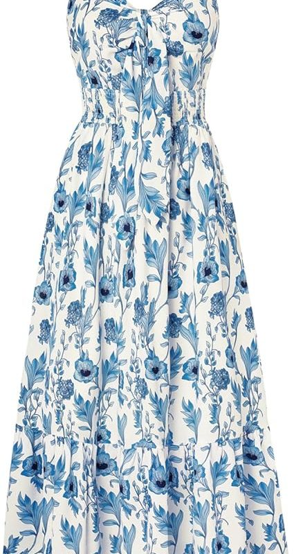 Womens Summer Floral Maxi Dresses 2026 Long Flowy Boho Dress Beach Vacation Sundresses Casual Clothes with Pocket - White Blue Vine