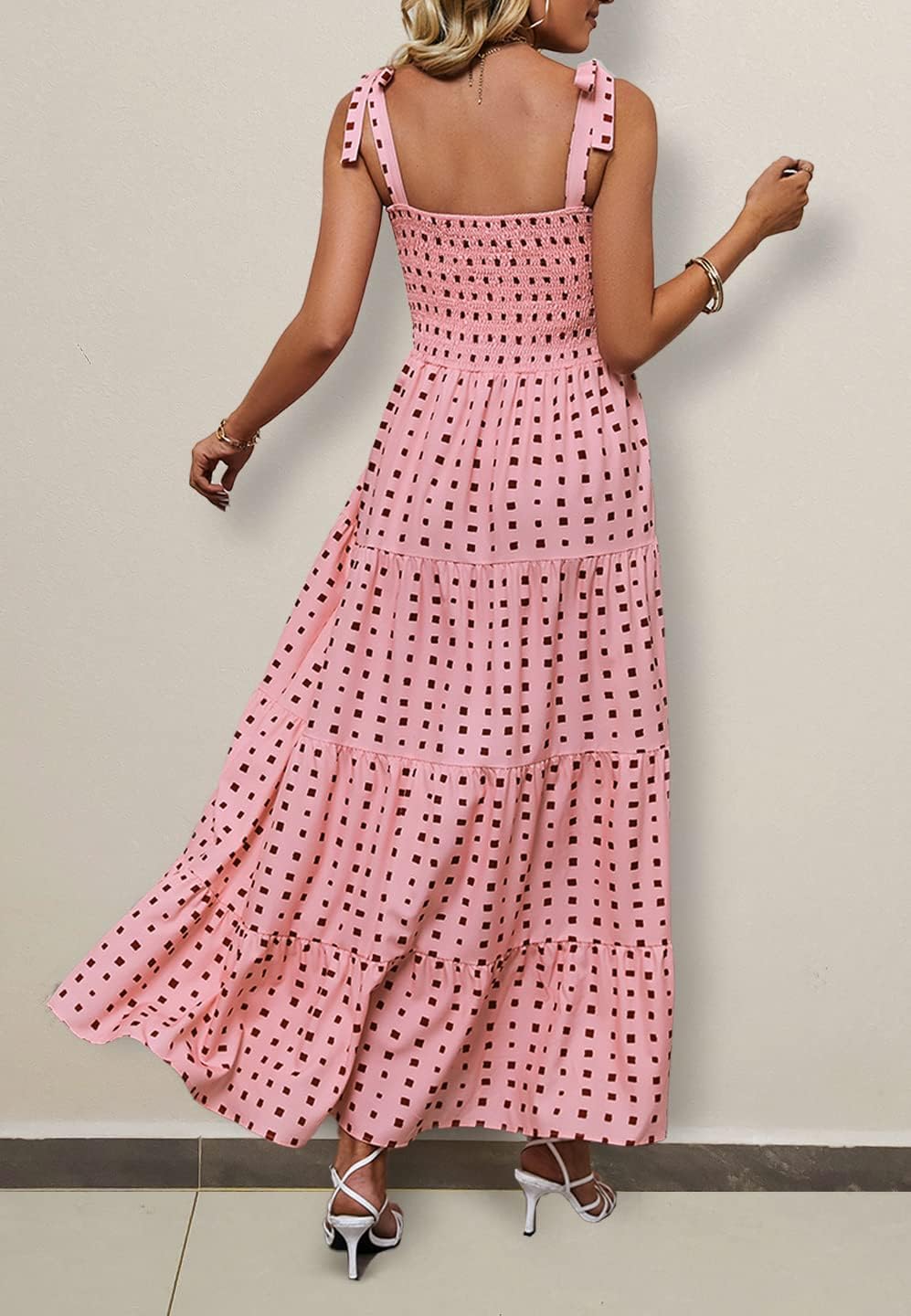 Women's Summer Casual Maxi Dress Spaghetti Strap Square Neck Boho Beach Long Sun Dresses - Pink - Image 4