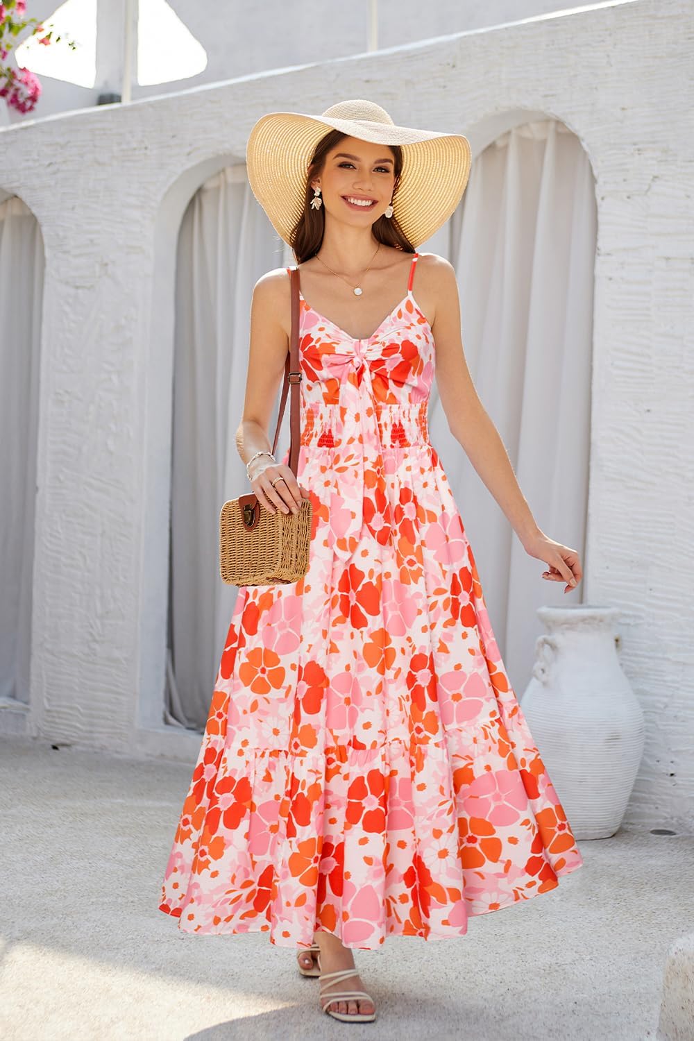 Womens Summer Floral Maxi Dresses 2026 Long Flowy Boho Dress Beach Vacation Sundresses Casual Clothes with Pocket - Orange Pink Floral - Image 3