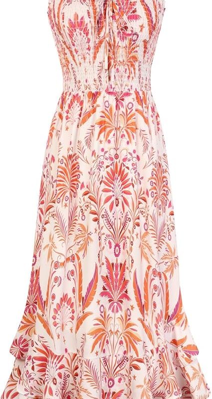 Women's 2026 Summer Floral Boho Dress Square Neck Strapped Swing A Line Sundress Beach Long Maxi Outfits - Beige Floral