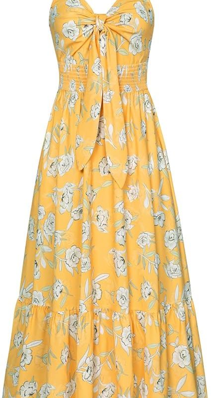 Womens Summer Floral Maxi Dresses 2026 Long Flowy Boho Dress Beach Vacation Sundresses Casual Clothes with Pocket - Yellow White Floral