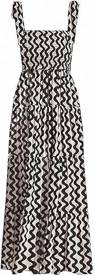 Women's Summer Casual Maxi Dress Spaghetti Strap Square Neck Boho Beach Long Sun Dresses - Wavy