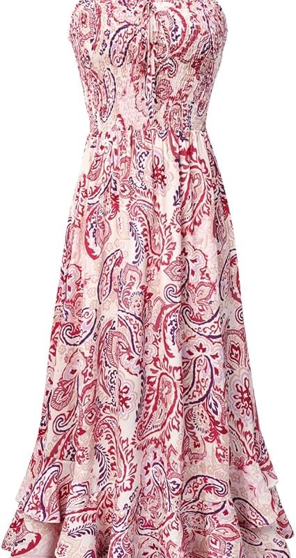 Women's 2026 Summer Floral Boho Dress Square Neck Strapped Swing A Line Sundress Beach Long Maxi Outfits - Pink Flower