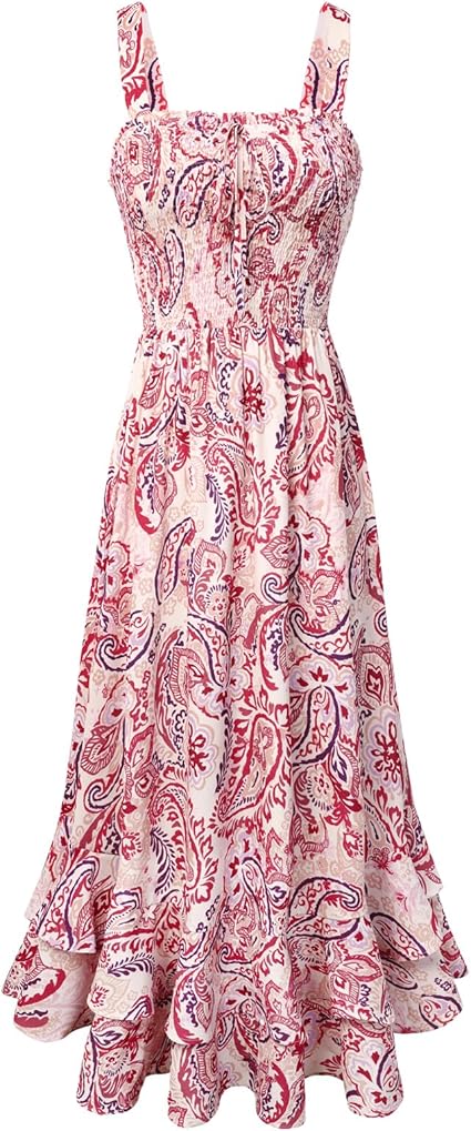 Women's 2026 Summer Floral Boho Dress Square Neck Strapped Swing A Line Sundress Beach Long Maxi Outfits - Pink Flower