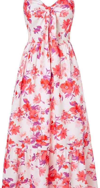 Womens Summer Floral Maxi Dresses 2026 Long Flowy Boho Dress Beach Vacation Sundresses Casual Clothes with Pocket - White Red Floral