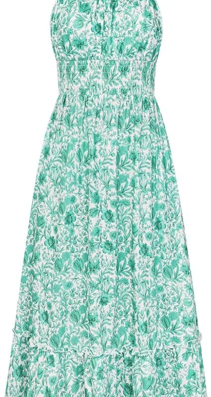 Summer Dresses for Women 2026 Vacation,Smocked Floral Maxi Dress,Boho Beach Sundress with Pocket Fashion Clothing - Green Vine