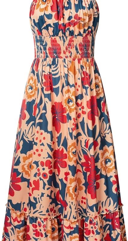 Summer Dresses for Women 2026 Vacation,Smocked Floral Maxi Dress,Boho Beach Sundress with Pocket Fashion Clothing - Navy Brown