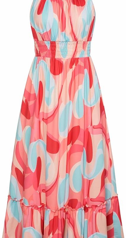 Summer Dresses for Women 2026 Vacation,Smocked Floral Maxi Dress,Boho Beach Sundress with Pocket Fashion Clothing - Pink Floral