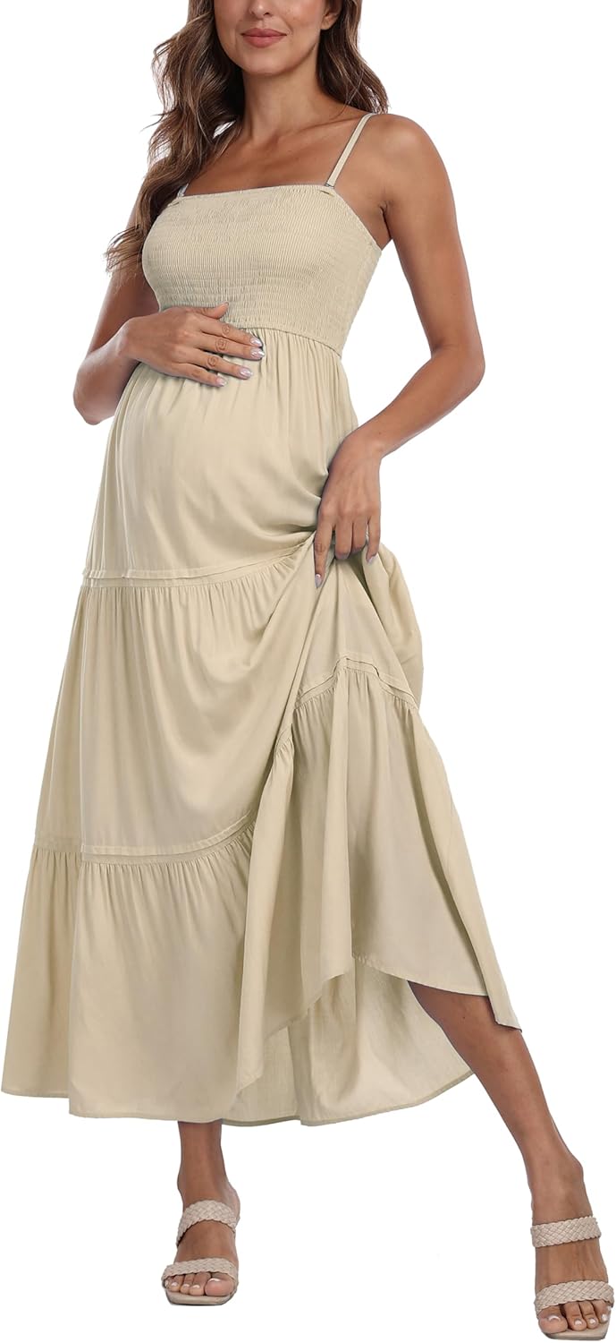 Summer Maxi Dress with Removed Strap, Stapless Bohemian Beach Long Photoshoot/Baby Shower Dresses - Apricot - Image 3
