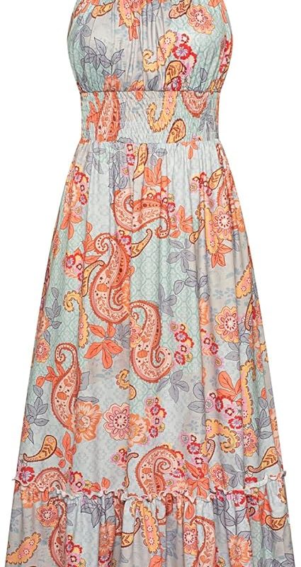 Summer Dresses for Women 2026 Vacation,Smocked Floral Maxi Dress,Boho Beach Sundress with Pocket Fashion Clothing - Blue Paisley Floral