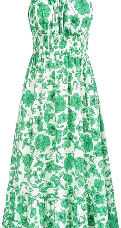 Summer Dresses for Women 2026 Vacation,Smocked Floral Maxi Dress,Boho Beach Sundress with Pocket Fashion Clothing - Green Floral