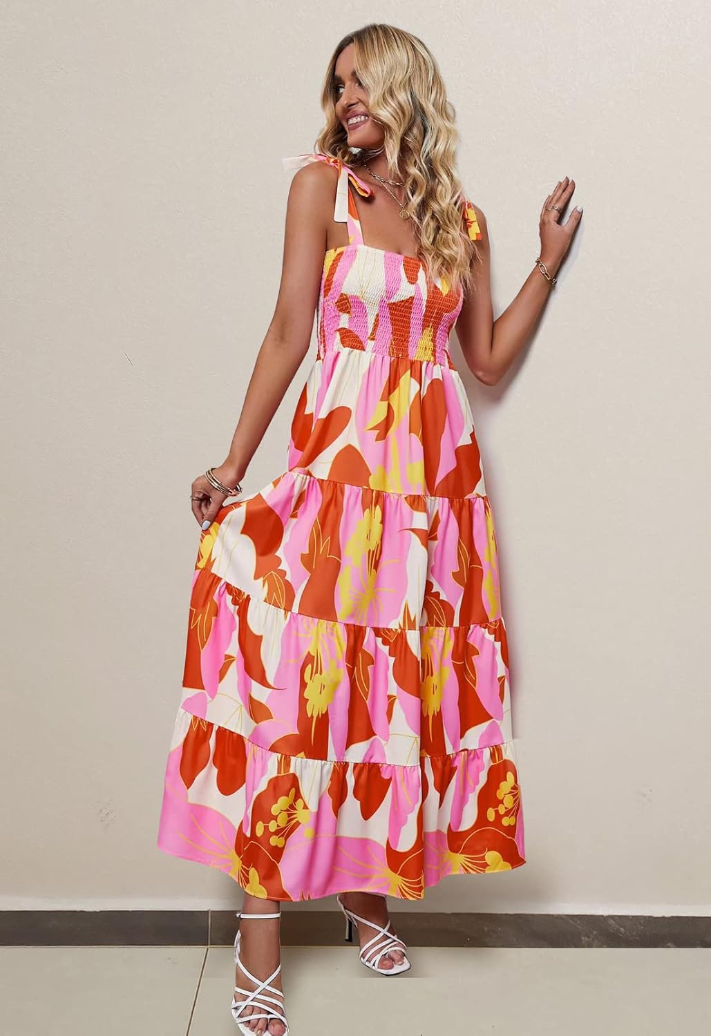 Women's Summer Casual Maxi Dress Spaghetti Strap Square Neck Boho Beach Long Sun Dresses - Orange Floral - Image 4
