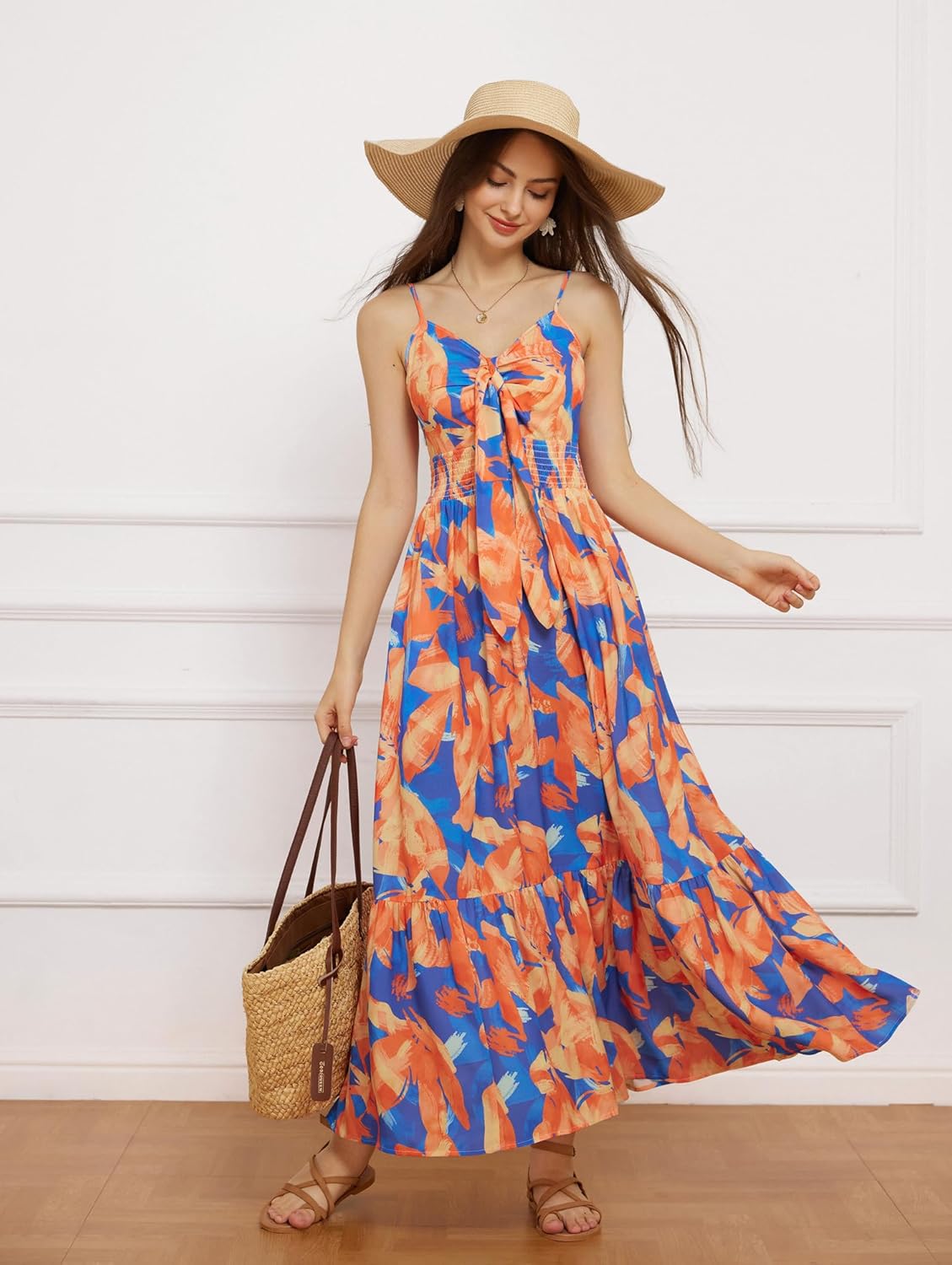 Womens Summer Floral Maxi Dresses 2026 Long Flowy Boho Dress Beach Vacation Sundresses Casual Clothes with Pocket - Orange Blue Floral - Image 2