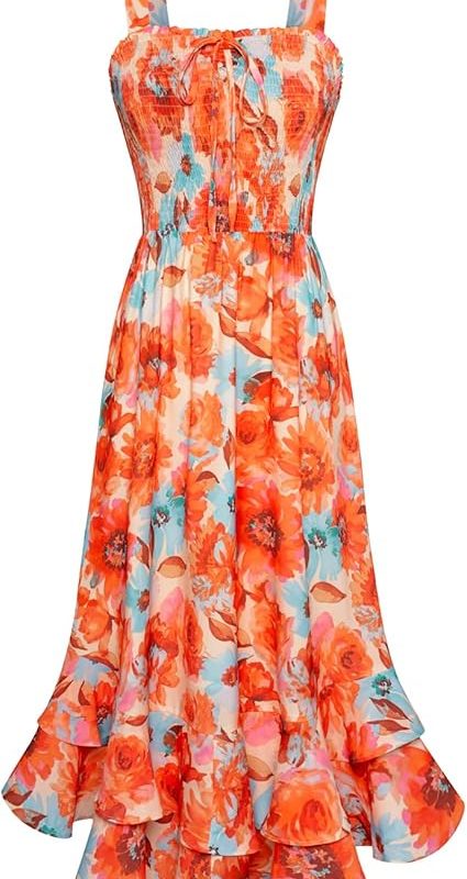 Women's 2026 Summer Floral Boho Dress Square Neck Strapped Swing A Line Sundress Beach Long Maxi Outfits - Orange Flower