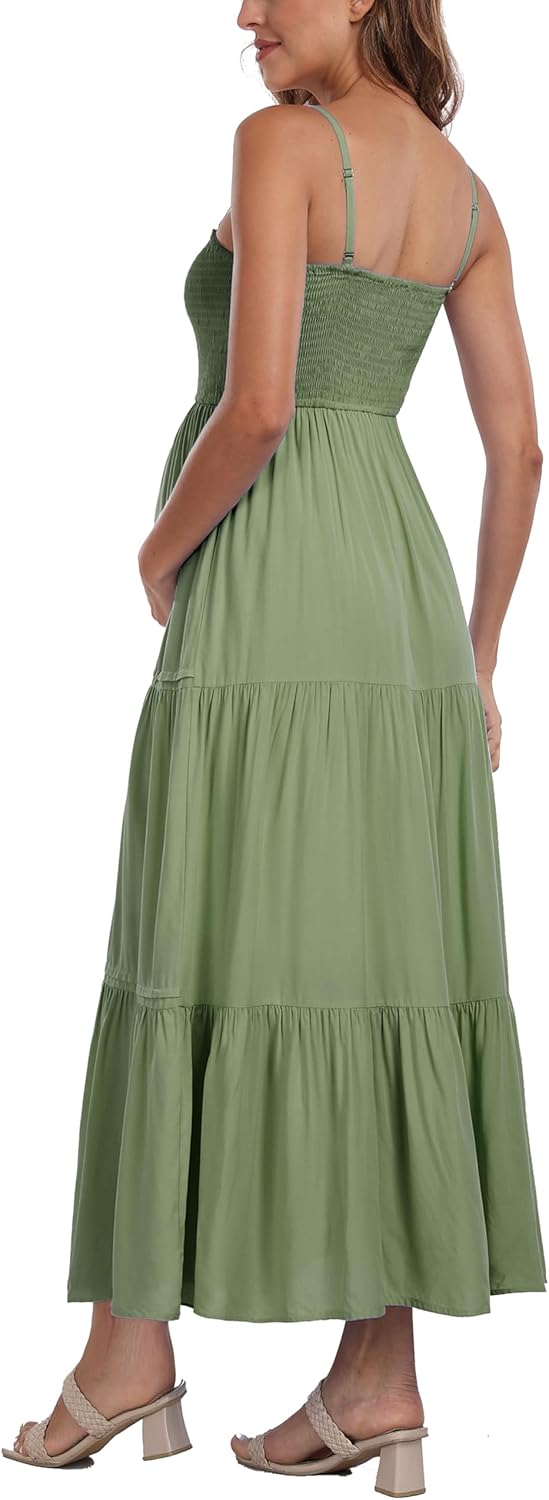 Summer Maxi Dress with Removed Strap, Stapless Bohemian Beach Long Photoshoot/Baby Shower Dresses - Green - Image 6