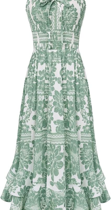 Women's 2026 Summer Floral Boho Dress Square Neck Strapped Swing A Line Sundress Beach Long Maxi Outfits - White Green