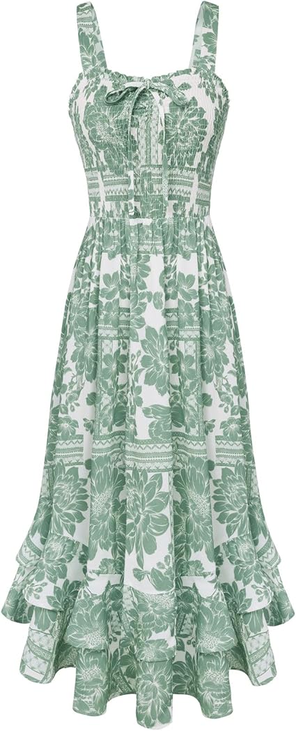 Women's 2026 Summer Floral Boho Dress Square Neck Strapped Swing A Line Sundress Beach Long Maxi Outfits - White Green