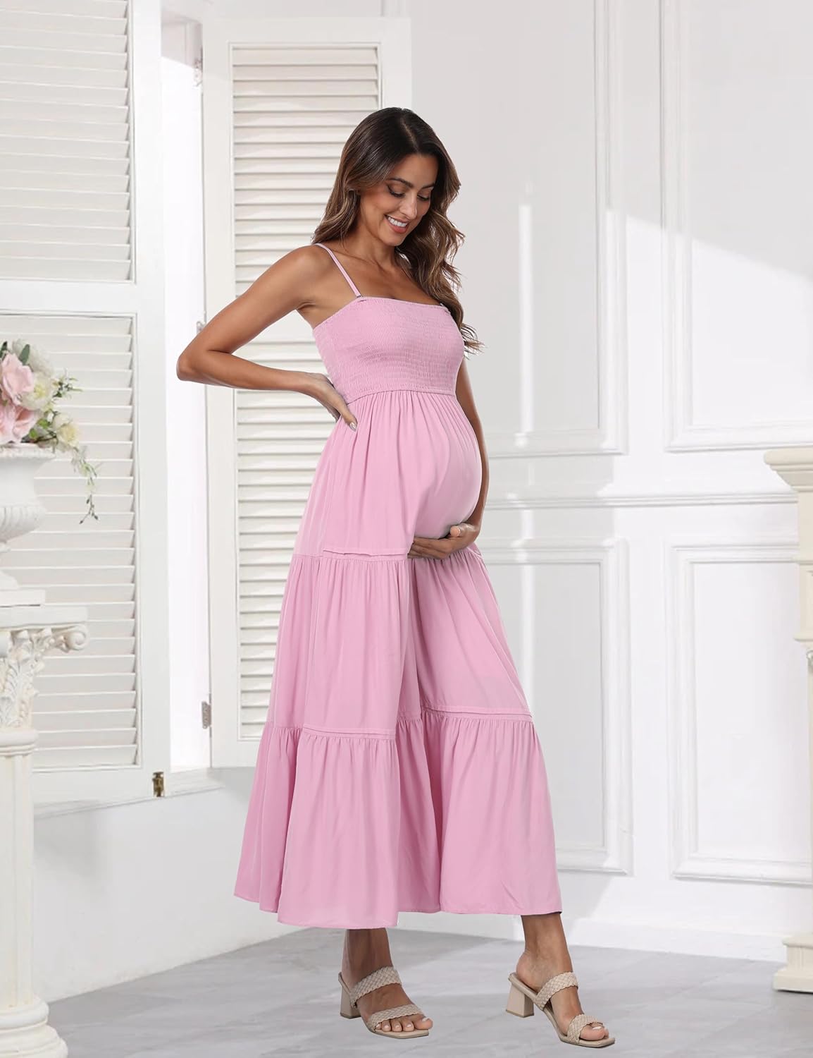 Summer Maxi Dress with Removed Strap, Stapless Bohemian Beach Long Photoshoot/Baby Shower Dresses - Pink - Image 3