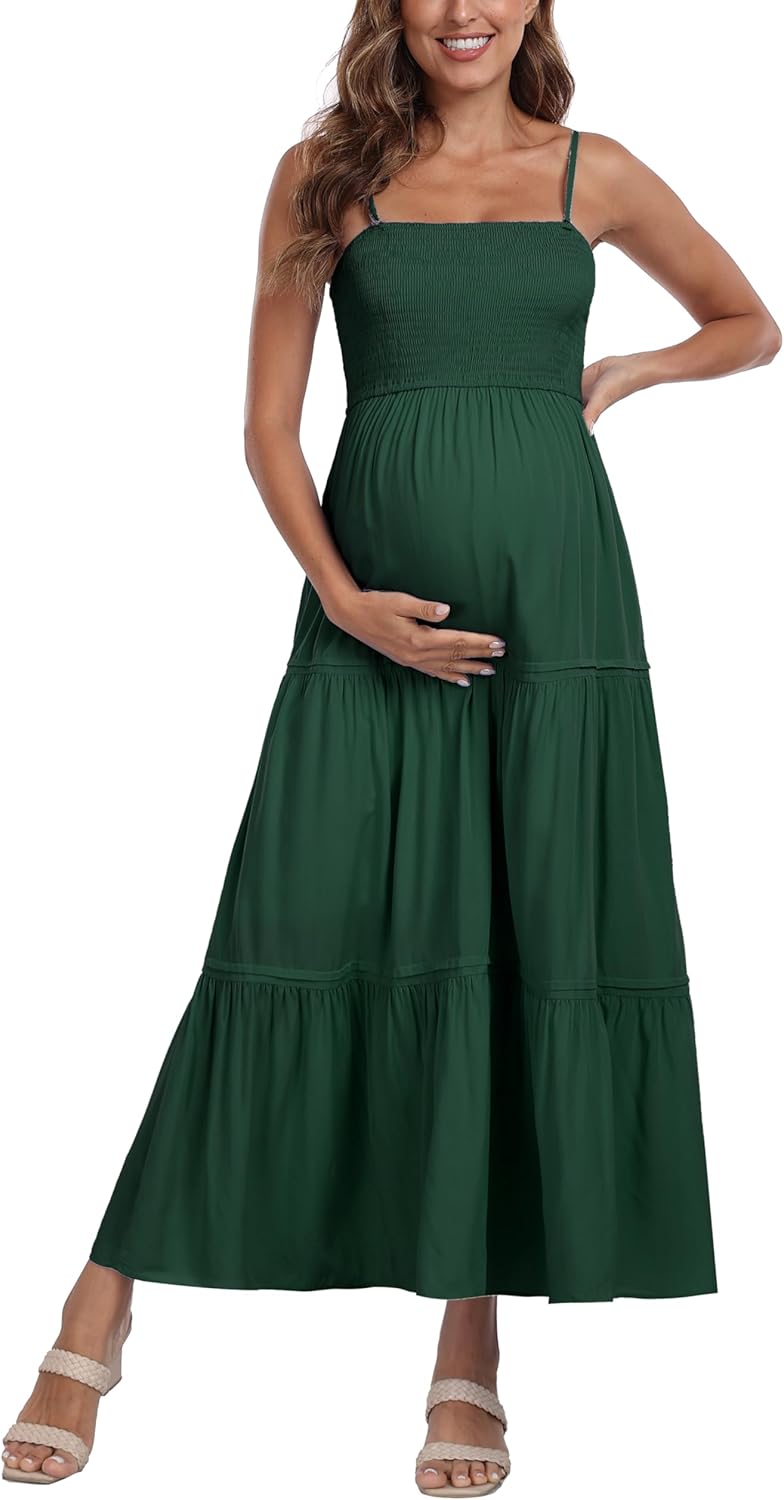 Summer Maxi Dress with Removed Strap, Stapless Bohemian Beach Long Photoshoot/Baby Shower Dresses - Dark Green - Image 5