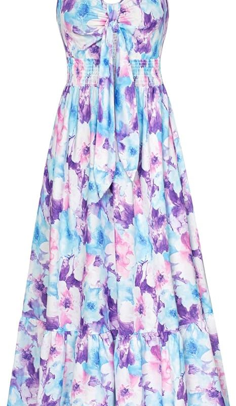Womens Summer Floral Maxi Dresses 2026 Long Flowy Boho Dress Beach Vacation Sundresses Casual Clothes with Pocket - Blue Purple Floral