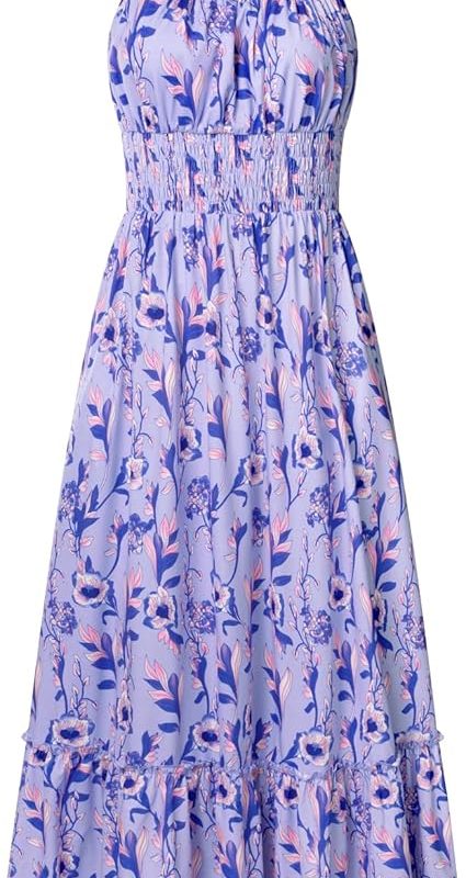 Summer Dresses for Women 2026 Vacation,Smocked Floral Maxi Dress,Boho Beach Sundress with Pocket Fashion Clothing - Purple Vine