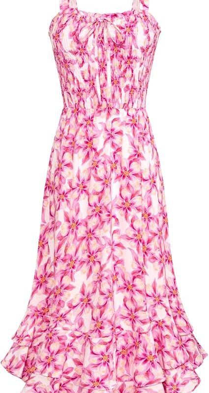 Women's 2026 Summer Floral Boho Dress Square Neck Strapped Swing A Line Sundress Beach Long Maxi Outfits - Pink Yellow Floral