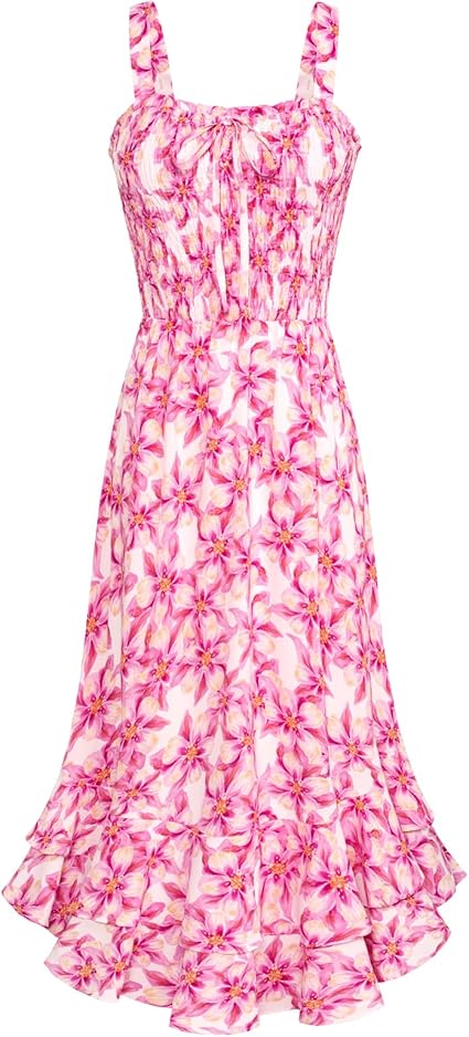 Women's 2026 Summer Floral Boho Dress Square Neck Strapped Swing A Line Sundress Beach Long Maxi Outfits - Pink Yellow Floral