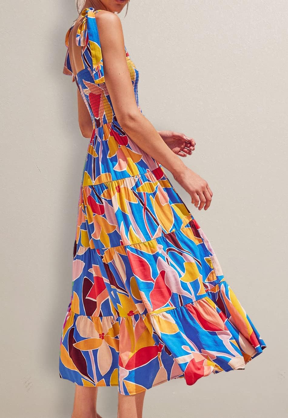 Women's Summer Casual Maxi Dress Spaghetti Strap Square Neck Boho Beach Long Sun Dresses - Blue Floral - Image 4