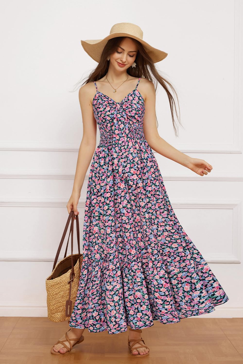 Womens Summer Floral Maxi Dresses 2026 Long Flowy Boho Dress Beach Vacation Sundresses Casual Clothes with Pocket - Purple Pink Floral - Image 5