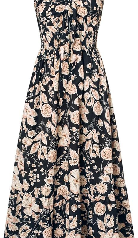 Womens Summer Floral Maxi Dresses 2026 Long Flowy Boho Dress Beach Vacation Sundresses Casual Clothes with Pocket - Black Beige Floral