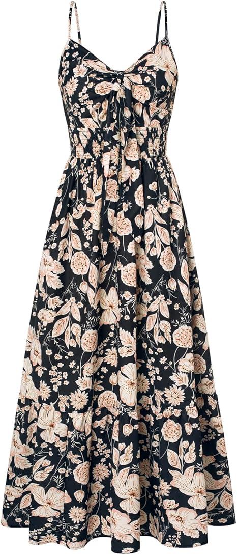 Womens Summer Floral Maxi Dresses 2026 Long Flowy Boho Dress Beach Vacation Sundresses Casual Clothes with Pocket - Black Beige Floral