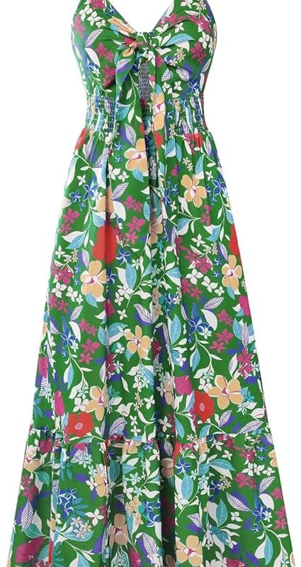 Womens Summer Floral Maxi Dresses 2026 Long Flowy Boho Dress Beach Vacation Sundresses Casual Clothes with Pocket - Green Red Flower