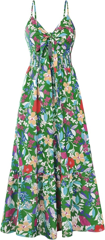 Womens Summer Floral Maxi Dresses 2026 Long Flowy Boho Dress Beach Vacation Sundresses Casual Clothes with Pocket - Green Red Flower