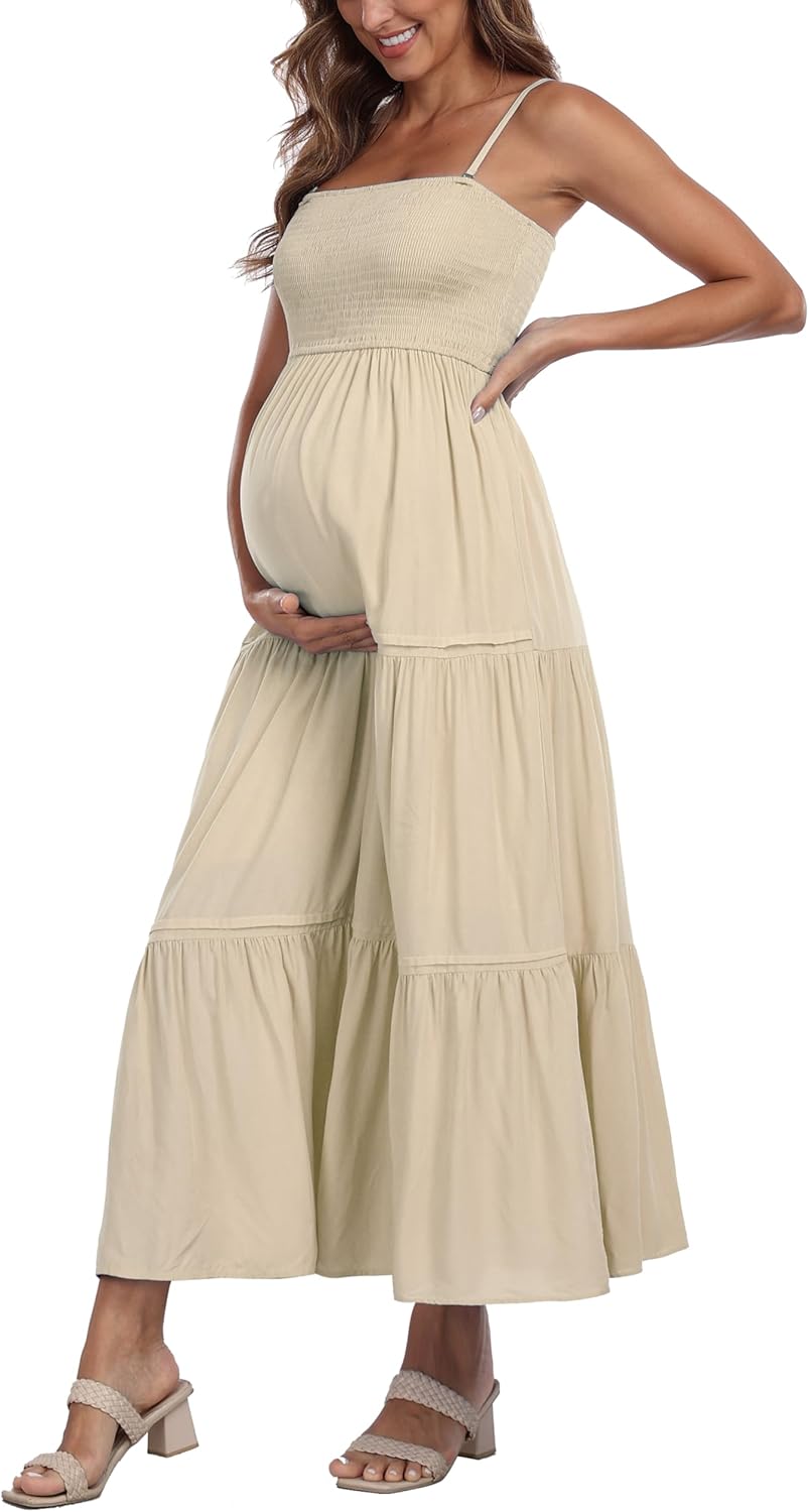 Summer Maxi Dress with Removed Strap, Stapless Bohemian Beach Long Photoshoot/Baby Shower Dresses - Apricot - Image 2